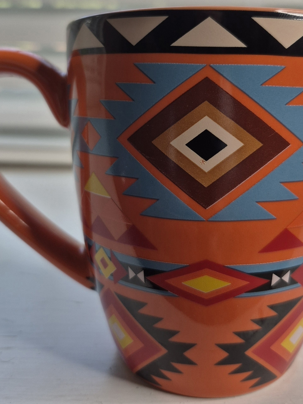 Black Geometric Aztec Pattern Ceramic Mug - Blue & Red Accent - Picture 11 of 11